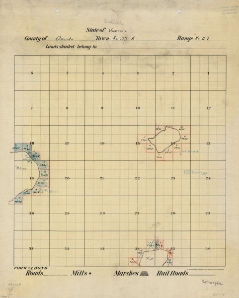 These 40 hand-drawn maps depict the survey townships in Oneida County, Wisconsin, on printed township grids. Lakes, rivers, and waterfront properties are depicted based on records from the 1920s and earlier.