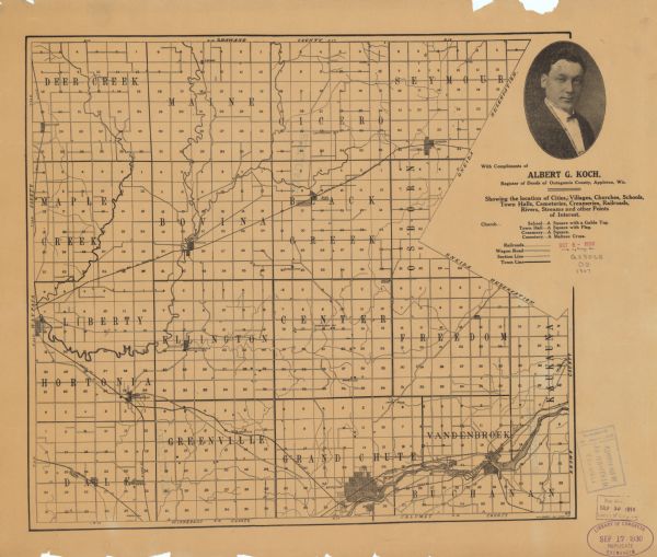 This 1907 map of Outagamie County, Wisconsin, shows the township and range grid, towns, sections, cities and villages, railroads, wagon roads, churches, schools, town halls, creameries, cemeteries, and rivers and streams. A portrait of Albert G. Koch, register of deeds for Outagamie County, is printed in the upper right.