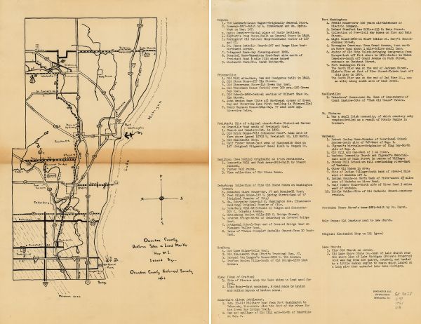 Ozaukee County Historic Sites & Land Marks This 1961 map of Ozaukee County, Wisconsin, identifies historic sites and landmark in the county. Cities and villages, roads, and lakes and streams are also shown and an index to the historic sites is given on the verso of the map.