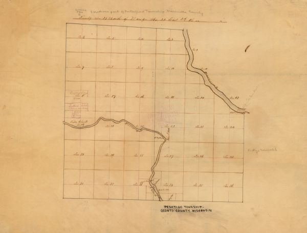 This manuscript map of the southern portion of the Town of Porterfield, Marinette County, Wisconsin, shows sections and land ownership. The Menominee River and Peshtigo River are depicted. The map is labeled "Peshtigo Township - Oconto County Wisconsin" indicating it was drawn prior to the separation of Marinette County from Oconto County in 1887.