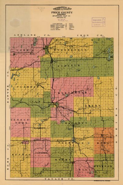 This map of Price County, Wisconsin, from the early 20th century shows the township and range system, towns, sections, cities and villages, railroads, highways and roads, schools, churches, town halls, cemeteries, mills, creameries, and lakes and streams. It does not show topography.