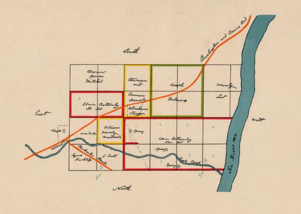 This map shows the property owned by Edwin Bottomley and others at the confluence of Eagle Creek with the Fox River in the Town of Rochester, Racine County, Wisconsin. Roads and springs are identified. North is oriented towards the bottom of the map.