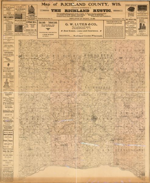 This map of Richland County, Wisconsin, shows land ownership and acreages, the township and range grid, sections, cities, towns and post offices, roads, railroads, houses, and schools. Advertisements are printed in the margins.


