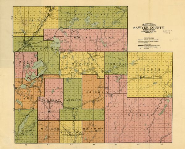 This map of Sawyer County, Wisconsin, from the early 20th century shows the township and range system, towns, sections, cities and villages, railroads, highways and roads, schools, Indian reservations, and lakes and streams. It does not show topography.