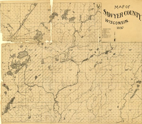 This 1897 map of Sawyer County, Wisconsin, shows the township and range system, sections, roads, farm houses, camps, school houses, dams, bridges, Indian reservation, saw mills, county poor farm, and churches. It was originally published in Plat book of Sawyer County, Wisconsin, published by Otto Christianson & Co.