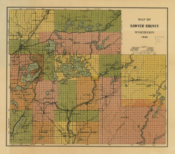 This 1926 map of Sawyer County, Wisconsin, the township and range system, towns, sections, cities and villages, railroads, highways and roads, and lakes and streams.