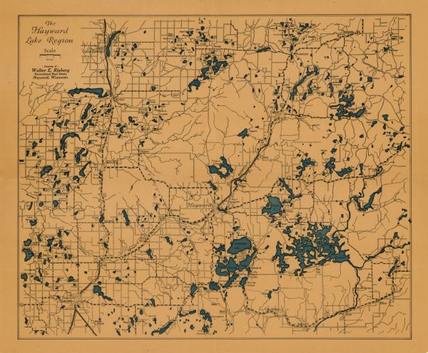This map shows cities and villages, roads, railroads, and lakes and streams in northern Sawyer, northeastern Washburn, southeastern Douglas, and southern Bayfield counties, Wisconsin.
