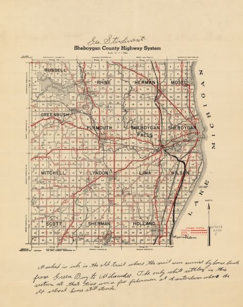 This 1930s highway map of Sheboygan County, Wisconsin, shows roads, the township and range grid, towns, sections, cities and villages, and streams, lakes, and marshes. It has been annotated to show the route of "the old trail where the mail was carried by horse back from Green Bay to Milwaukee."