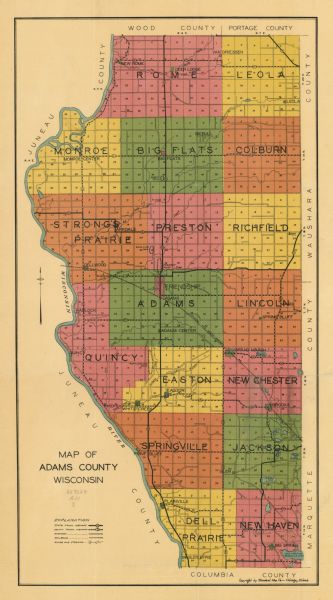 This early 20th century map of Adams County, Wisconsin, shows the township and range grid, towns, sections, cities and villages, roads, railroads, lakes and rivers, and a few geological features."
