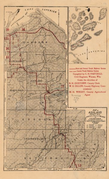 This 1917 map of Ashland County, Wisconsin, shows the township and range system, towns, sections, cities and villages, the Bad River Indian Reservation, railroads, roads, houses, schools, churches, cheese factories, town halls, saw mills, and lakes and streams.