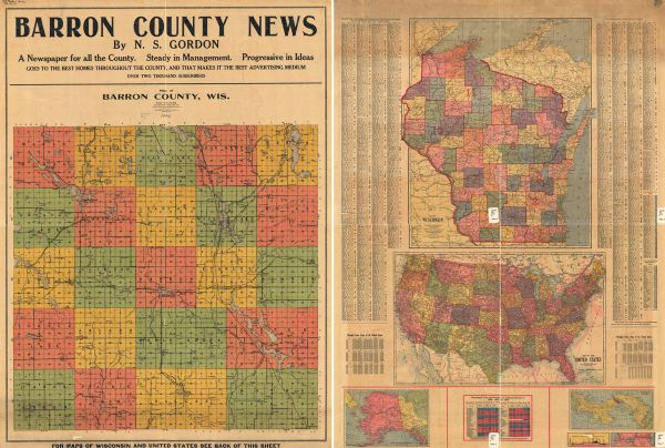This early 20th century map of Barron County, Wisconsin, shows the township and range grid, towns, sections, cities and villages, railroads, roads, houses, churches, schools, cheese factories, creameries, cemeteries, stores, and lakes and streams. Maps on the verso include Wisconsin, the United States, Alaska and the Yukon District, the Republic of Panama, and the Panama Canal. Also on the verso are a population index for the Wisconsin map and tables of principal farm crops of the United States and presidential votes and pluralities for national elections of 1900, 1904, and 1908.