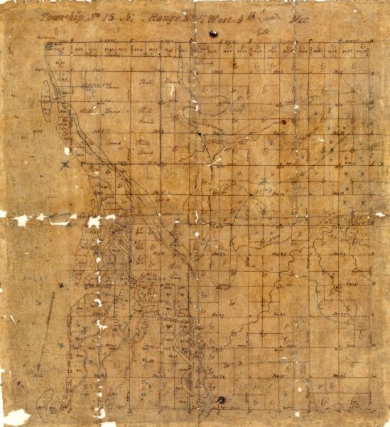 This 19th century manuscript map shows state lands and acreages along the Mississippi River and the sections in parts of what is currently the Town of Shelby and city of La Crosse in La Crosse County, Wisconsin.