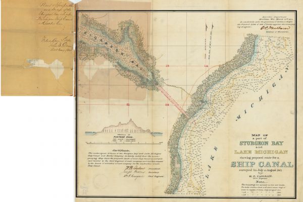 This 1872 map shows the proposed route of a canal between Sturgeon Bay, on the Green Bay side of the Door Peninsula, and Lake Michigan. Depths in both Sturgeon Bay and Lake Michigan are shown by soundings and isolines and based on surveys made in 1865 and 1866. A profile of Portage Road, just to the north of the proposed canal route, is shown. The title given in an inscription on the verso is "Plan & specifications and map of the Sturgeon Bay & Lake Michigan Ship Canal & Harbor Co.