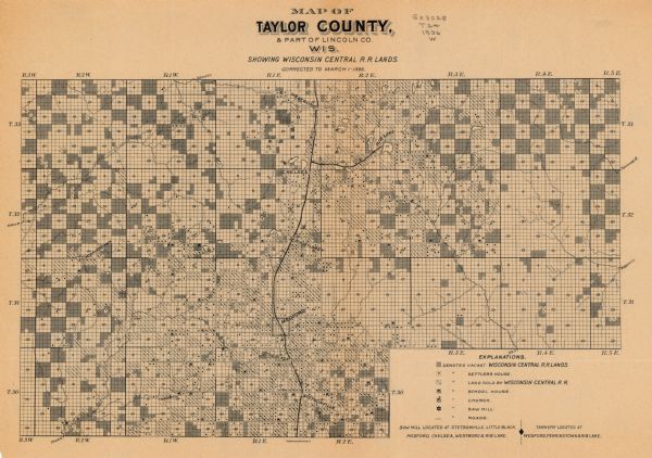 This 1896 map shows the township and range system, sections, cities and villages, railroads, roads, vacant land and land sold by the Wisconsin Central Railroad, schools, churches, saw mills, and lakes and streams in Taylor County and the southwestern portion of Lincoln County, Wisconsin. Shows vacant Wis. Central R.R. lands, settlers houses, land sold by Wis. Central R.R., schools, churches, saw mills, and roads. 'Corrected to March 1, 1896.'