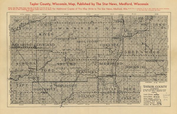 This map of Taylor County, Wisconsin, shows the township and range grid, towns, sections, cities and villages, railroads, roads, creameries and cheese factories, the Mondeaux Unit of the Nicolet National Forest, schools, town halls, railroads, and lakes and streams.