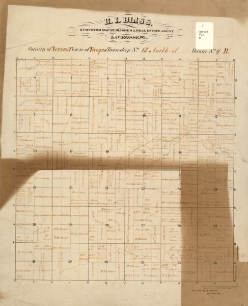 This 19th century manuscript map of the Town of Viroqua, Vernon County, Wisconsin, is drawn on a printed township grid. It shows landownership, roads, and streams in the town.
