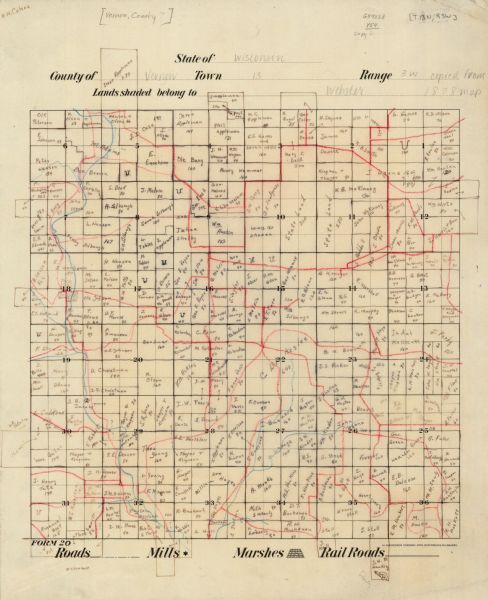 This 20th century manuscript map, drawn on a printed township grid and copied from an 1878 map, shows landownership and acreages, roads, and streams in the Town of Webster, Vernon County, Wisconsin.
