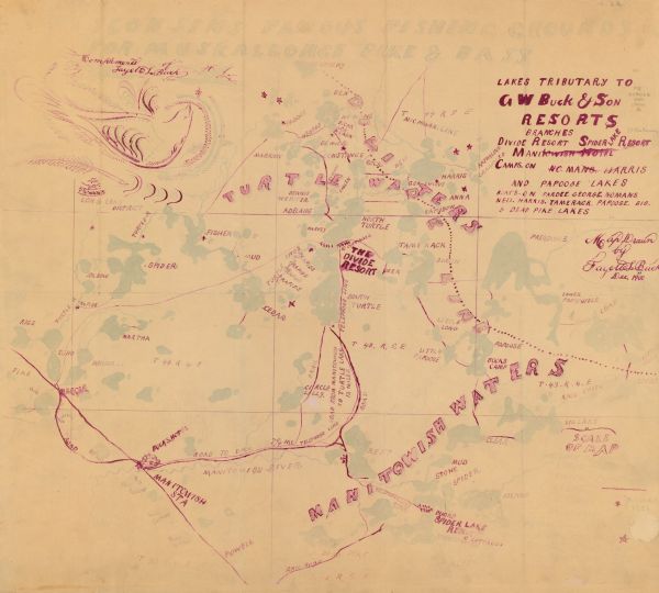 This manuscript map from 1900 shows resorts, lakes, rivers and streams, roads, railroads, and telephone lines in northwest Vilas County, in the towns of Boulder Junction, Manitowish Waters, Presque Isle and Winchester, and northeast Iron County, in the towns of Mercer and Oma.