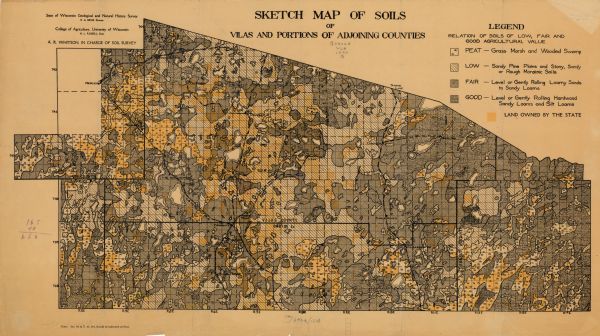 This early 20th century map shows the soil types in Vilas County, Wisconsin, and adjoining areas in Oneida, Forest, Iron, and Price counties. Also depicted are the township and range grid, sections, railroads, and lakes.
