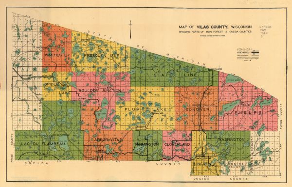 This mid-20th century map shows the township and range grid, towns, sections, cities and villages, roads, railroads, and lakes and streams in Vilas County, Wisconsin, and adjoining areas of Iron, Forest, and Oneida counties.