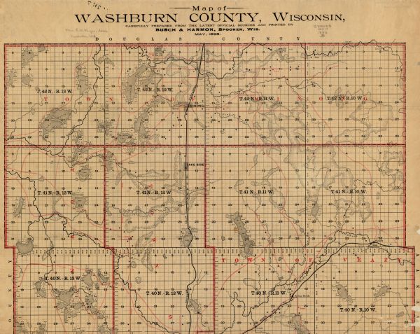 This 1896 map of Washburn County, Wisconsin, shows the township and range grid, sections, schools, wagon roads, cities and villages, settlers, railroads, and lakes, streams, and wetlands.