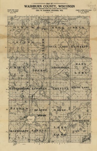 This 1916 map of Washburn County, Wisconsin, shows the township and range grid, sections, towns, schools, wagon roads, cities and villages, post offices, settlers, railroads, and lakes, streams, and wetlands.