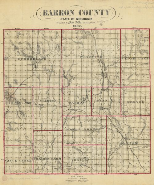 This 1882 map of Barron County, Wisconsin, shows the township and range grid, towns, cities and villages, wagon roads, railroads, schools, dwellings, and lakes, streams and wetlands.