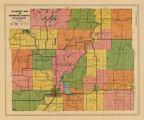 This road map of Chippewa County, Wisconsin, dates to around 1930. It shows the township and range grid, towns, sections, cities and villages, railroads, lakes and streams, and the highways and local roads in the county.