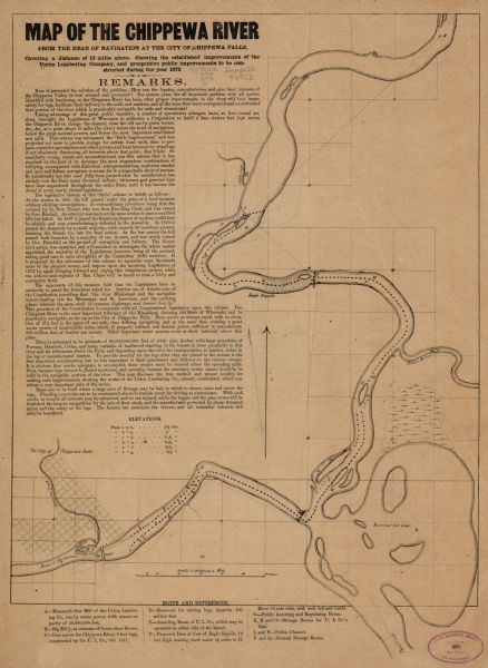 Map of the Chippewa River, from the head of navigation at the city of Chippewa Falls, covering a distance of 16 miles above : showing the established improvements of the Union Lumbering Company, and prospective public improvements to be constructed during the year 1872.
