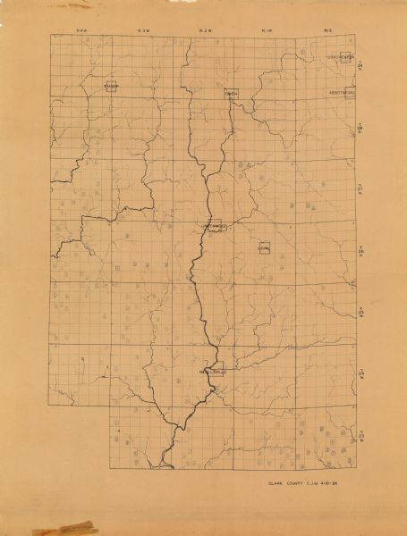 This 1936 map of Clark County, Wisconsin, shows the township and range grid, sections, cities and town, and lakes and streams in the county. It lacks the key to the game count manuscript annotations shown on the map.