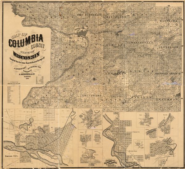 This 1861 map of Columbia County, Wisconsin, shows the township and range grid, towns, sections, cities and villages, railroads, roads, property owners and rural residences, lakes and streams, prairies, timber land, marshes, post offices, schools, meeting houses, grist mills, saw mills, and blacksmith shops. Inset maps of Portage, Lodi, Poynette, Wyocena, Pardeeville, Wisconsin Village and Kilbourn City (present day Wisconsin Dells), Otsego, Cambria, Dekorra, Columbus, and Fall River, and census information for Columbia County for the year 1860 are included.