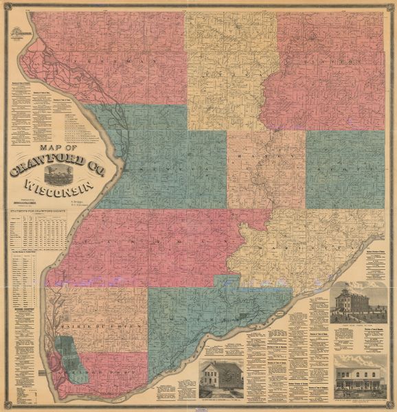 This map of Crawford County, Wisconsin, shows the township and range grid, sections, towns, cities and villages, land ownership and acreages, roads, railroads, schools, churches, cemeteries, mills, blacksmith shops, residences, government land, and lakes and streams. Also included are business directories, illustrations of buildings and landmarks, a list of post offices, and tables of distances and statistics.