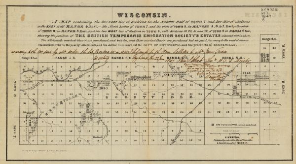 Wisconsin Shows parts of northeastern Iowa County, northwestern Dane County, and the extreme southern part of Sauk County "shewing the position of the British Temperance Emigration Society’s Estates situated within them." "S. Roberts, Secretary, Feby. 1487." Includes manuscript note regarding the allotment of a farm to Mr. James Todd, signed by Sam Roberts, B.T.E. Society, 22 June 1947.