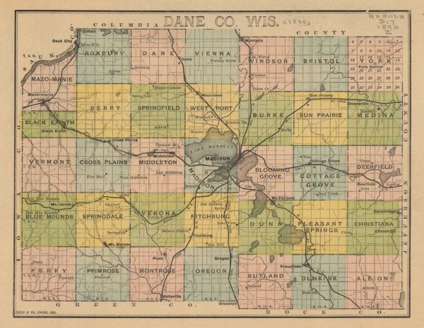 Shows towns of Dane County, lakes, rivers, and railroads. Relief shown by hachures. Includes color illustration of Madison and text describing Dane County and the City of Madison on verso.