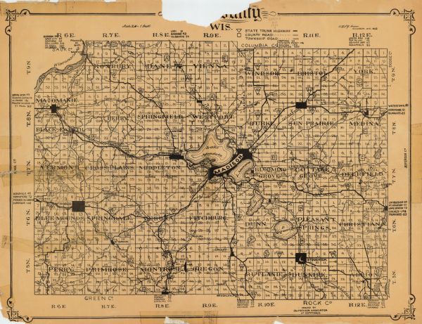 This 1922 map of Dane County, Wisconsin, issued by the Madison Association of Commerce shows the township and range grid, towns, sections, cities and villages, state trunk highways, county roads, township roads, railroads, and lakes and streams. Distances between Madison and other cities are listed in the margins.