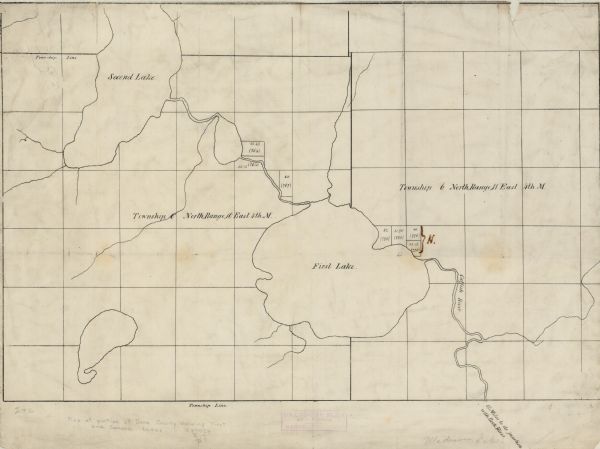 This 19th century manuscript map shows First Lake, Second Lake, streams, and sections in the towns of Dunn and Pleasant Springs, Dane County, Wisconsin.