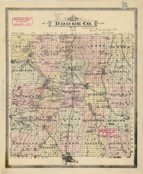 This late 19th-century map of Dodge County, Wisconsin, shows the township and range grid, towns, sections, cities, villages and post offices, some property owners, roads, railroads, lakes and streams, Horicon Marsh, churches, schools, and selected businesses.