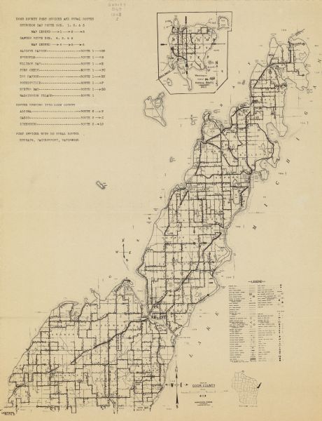 This 1943 map of Door County, Wisconsin, identifies the post offices and rural routes in the county. Highways and roads, cities and villages, and rural residences are shown.
