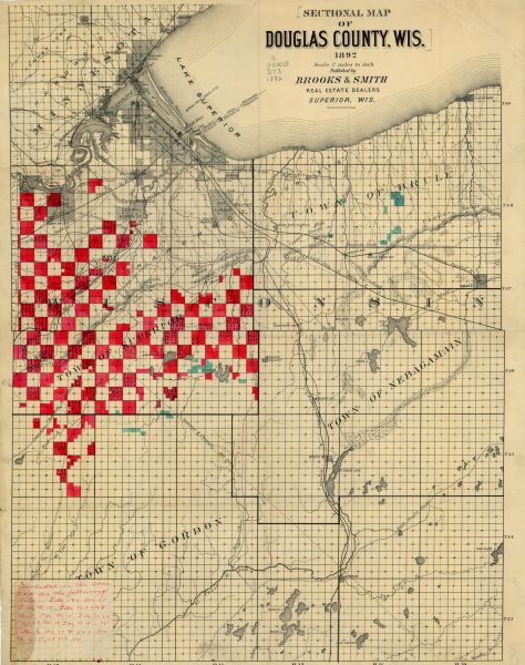 This 1892 map of Douglas County, Wisconsin, shows the township and range grid, towns, sections, cities and villages, roads, railroads, trails, lakes and streams, wetlands, mines, and quarries. Land presumably for sale by the publisher is highlighted.
