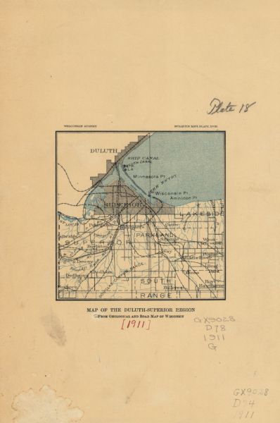 This map, taken from the 1911 Map of Wisconsin showing geology and roads by Hotchkiss and Thwaites, shows the northwest portion of Douglas County, Wisconsin, and the cities of Duluth and Superior. Towns, villages, railroads, and streams in the area are depicted.