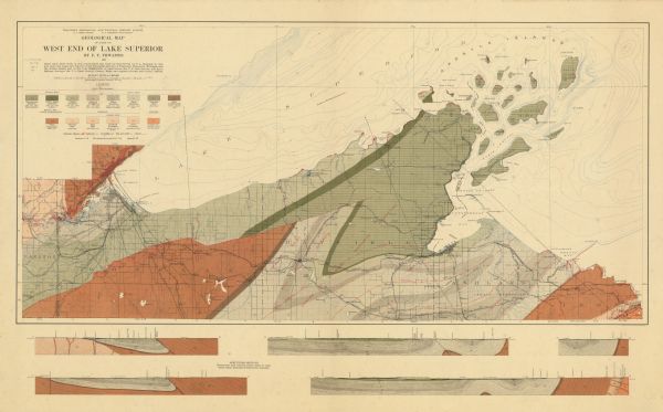 This 1911 map of the geology of northern Wisconsin between Superior and Hurley was published by the Wisconsin Geological and Natural History Survey in Fredrik Turville Thwaites' Sandstones of the Wisconsin coast of Lake Superior. Depths in Lake Superior, the township and range grid, the La Pointe Indian Reservation, cities and villages, railroads, and lakes and streams are depicted on the map and five structure sections appear in the lower margin.