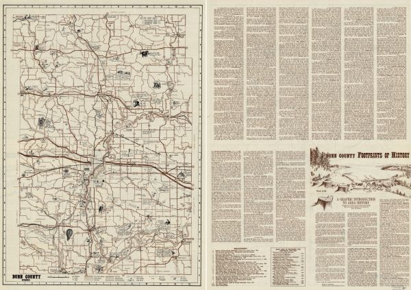 This pictorial map of Dunn County, Wisconsin, from the 1970s depicts historical events that occurred in the county. It shows cemeteries, churches, schools, roads, trails, abandoned railroads, the path of an 1881 balloon flight, parks, Indian mounds, mills, and trails. An index of the historic sites with descriptive text and bibliographic citations is printed on the verso.