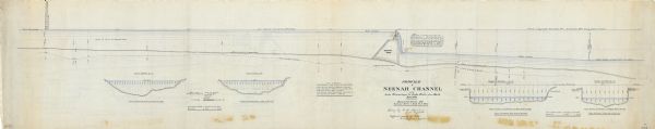 These manuscript drawings show the profile of the Neenah Dam, between Lake Winnebago and Little Lake Butte des Morts on the Fox River in Winnebago County, Wisconsin. The water surface, level of crest, mean level of channel bed, and line of deepest water are depicted and four cross sections and 'points of reference' are shown.