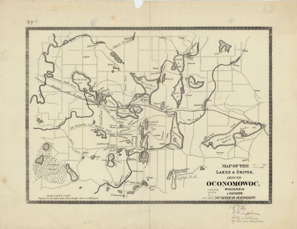 This late 19th century map by Increase Lapham shows the lake region around Oconomowoc in Waukesha County and eastern Jefferson County, Wisconsin. Cities and villages, roads, railroads, property owners, schools, churches, lakes, streams and wetlands are shown. The height above Lake Michigan is given for some lakes.