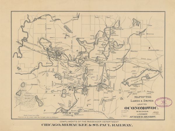 This late 19th century map shows the lake region around Oconomowoc in Waukesha County and eastern Jefferson County, Wisconsin. Cities and villages, roads, railroads, property owners, schools, churches, cemeteries, quarries, lakes, streams and wetlands are shown. The height above Lake Michigan is given for some lakes. This edition differs from earlier editions by showing additional details, such as the C.& N.W. Ry. running along southern edge of map.
