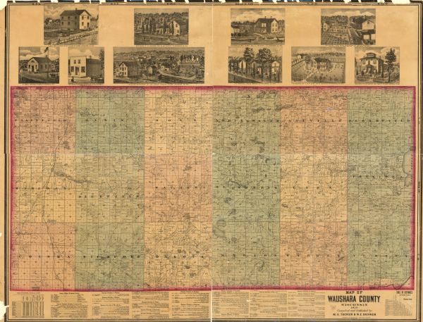 Map shows landownership and acreages, roads and railroads, and some buildings. Includes illustrations of local buildings, business directories, and tables of statistics and distances.