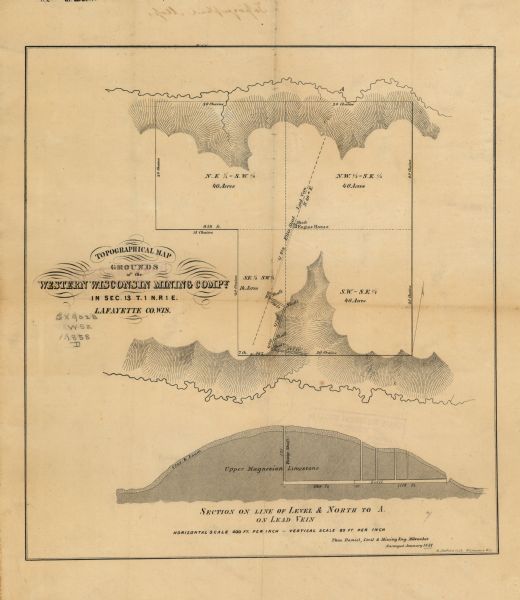 This map, based on an 1858 survey, shows the lead vein and the Western Wisconsin Mining Company's mine shafts in a section in the Town of New Diggings, Lafayette County, Wisconsin. A cross-section of of the mine is also shown.