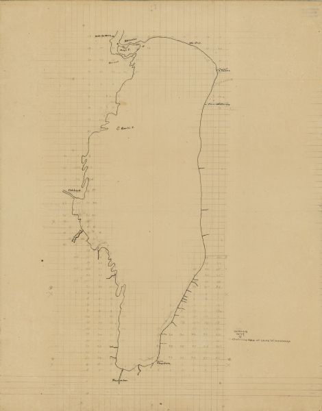 This manuscript map of Lake Winnebago shows the streams flowing into the lake and identifies the sections and the cities and villages in the vicinity of the lake.