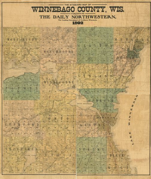 This 1902 map of Winnebago County, Wisconsin, shows the township and range grid, towns, sections, cities and villages, landownership and acreages, railroads, roads, rural residences, and rivers and streams.