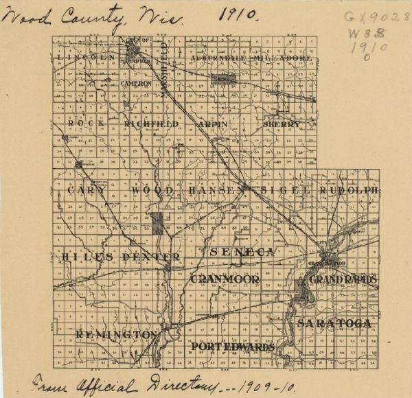 This early 20th century map of Wood County, Wisconsin, shows the township and range grid, towns, sections, cities and villages, roads and railroads, and streams.